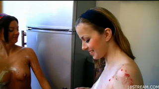 Lean teen bodies in food play video