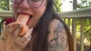 Wet Tattoo Submissive Spit Public Outdoor Nipples Kitten Dildo Deepthroat Brunette GIF