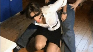 Slave Handjob Brunette Bondage Blindfolded Ball Gagged BDSM GIF